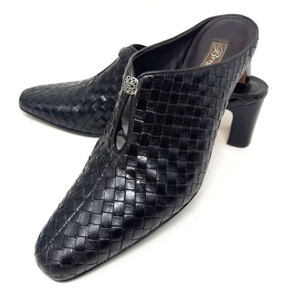 Brighton Women's 9 Brown Leather Woven Mules Shoes Slide On Block Heel Tynan